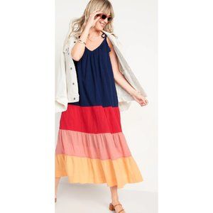 OLD NAVY Maxi Boho Swing Dress Tassles Tiered Color Block  Size XL NWT